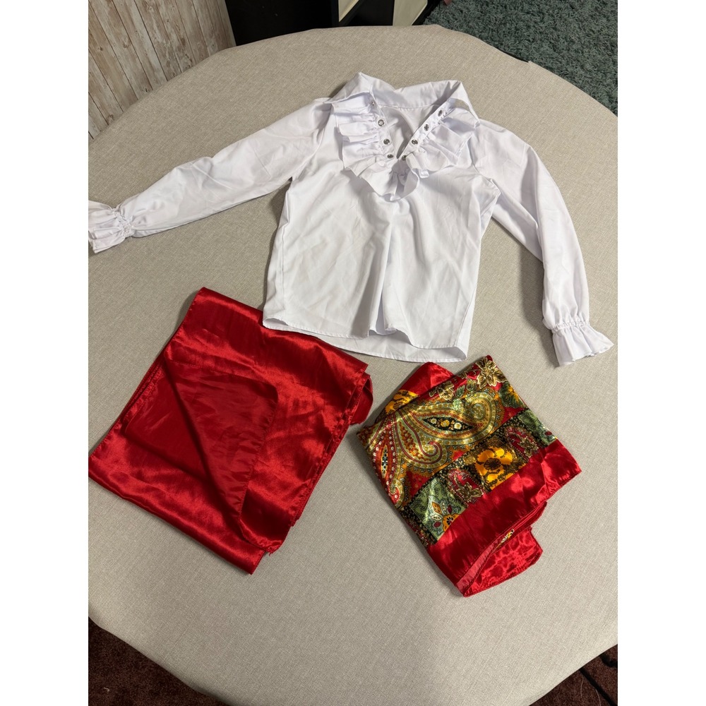 Kids Pirate Costume Set White Ruffle Poet Shirt Red Sash Paisley Scarf Size 10